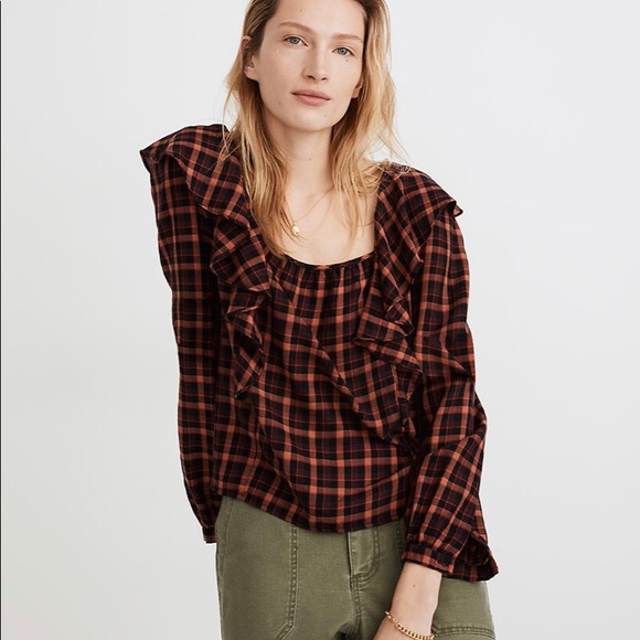 NWT Madewell Plaid Ruffle Top - Picture 1 of 3